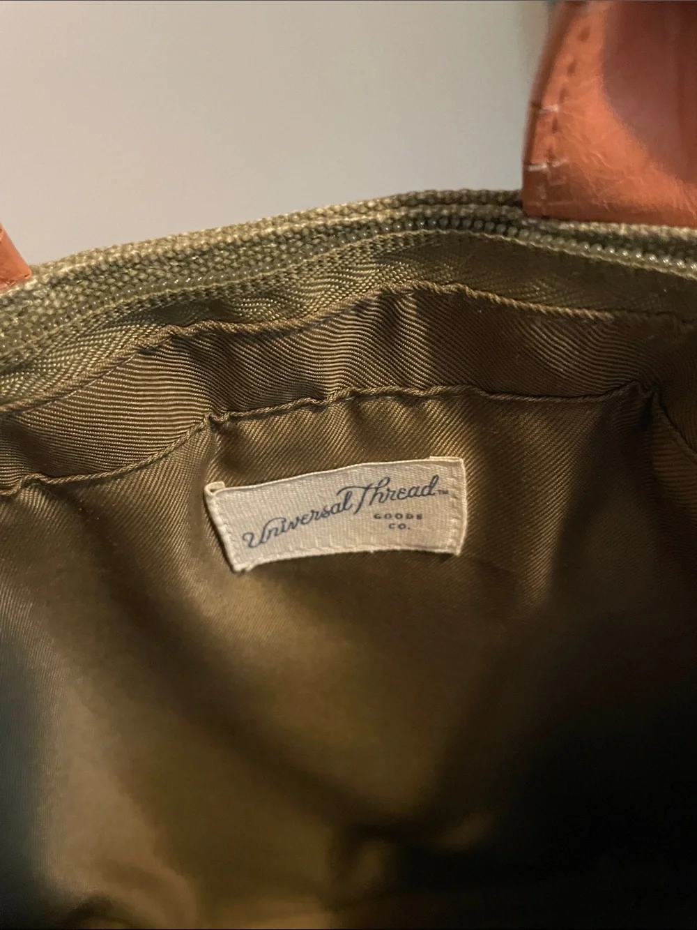 Universal Thread Olive Canvas Backpack with Tan Leather Handles